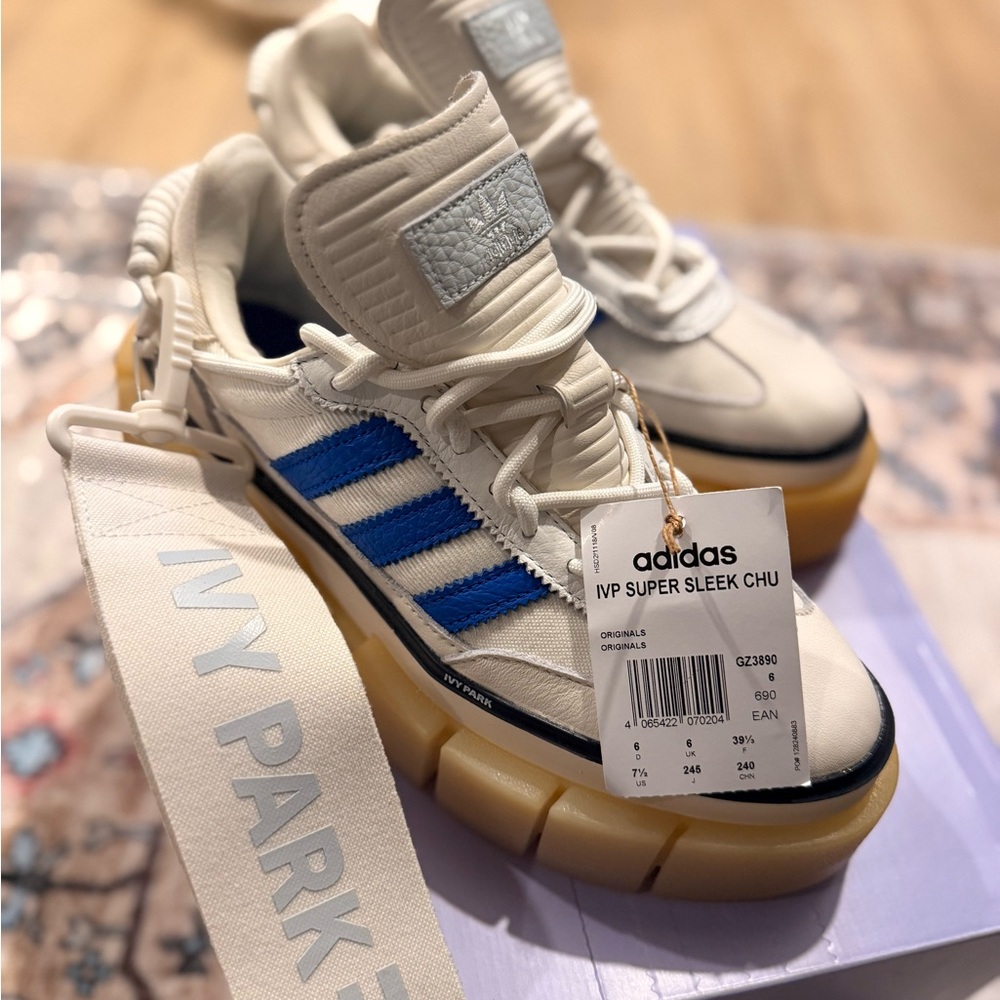 ADIDAS BEYONCÉ IVP PARK SUPER SLEEK CHUNKY White and Blue Sneakers Gum Sole NEW